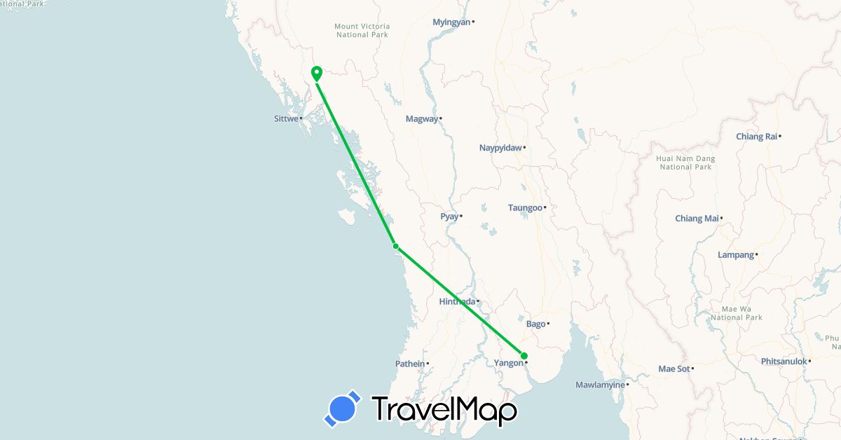 TravelMap itinerary: driving, bus in Myanmar (Burma) (Asia)